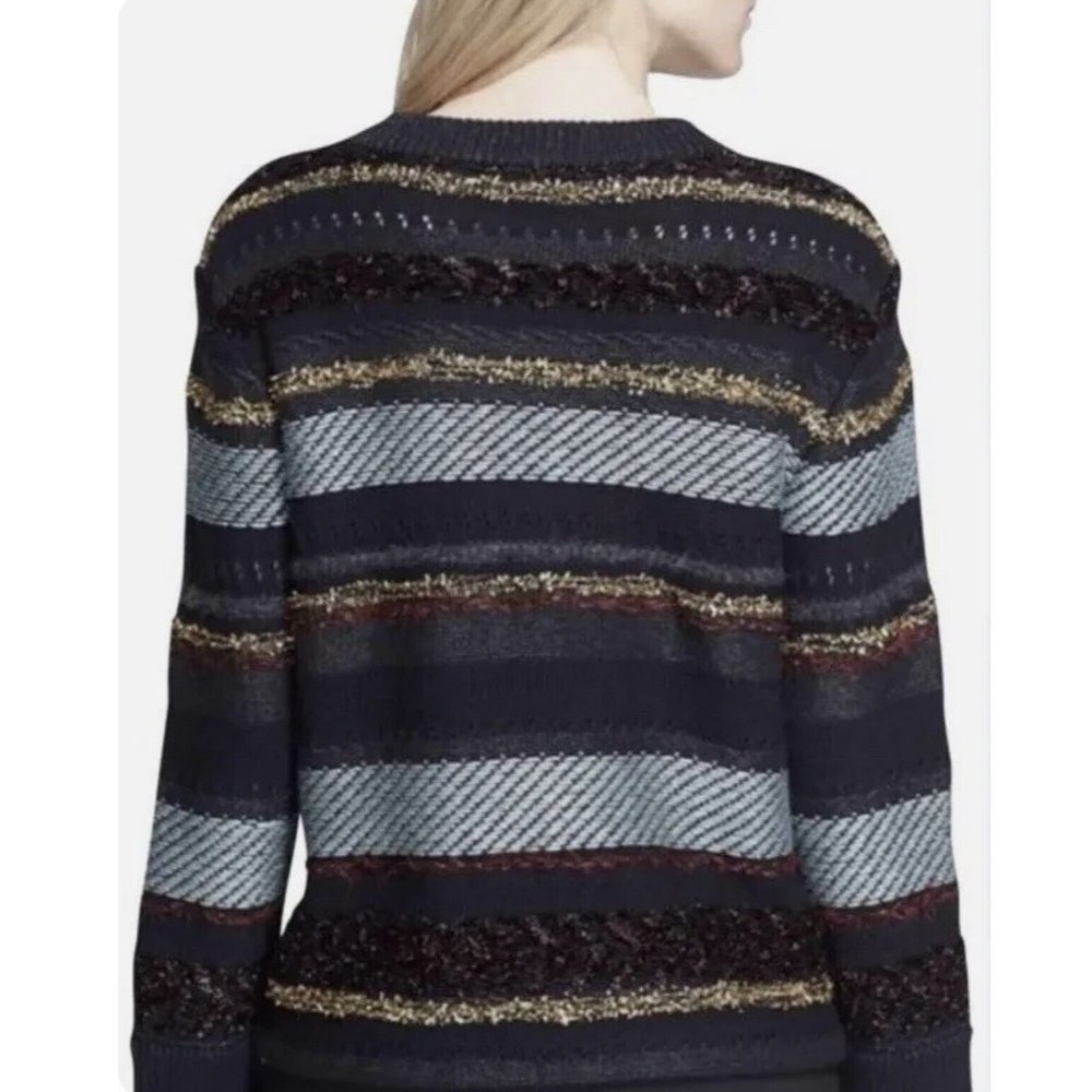 Tory Burch Sweater Stripe Metallic Merino Wool Alpaca Blend Danielle Navy Thick - Picture 3 of 11